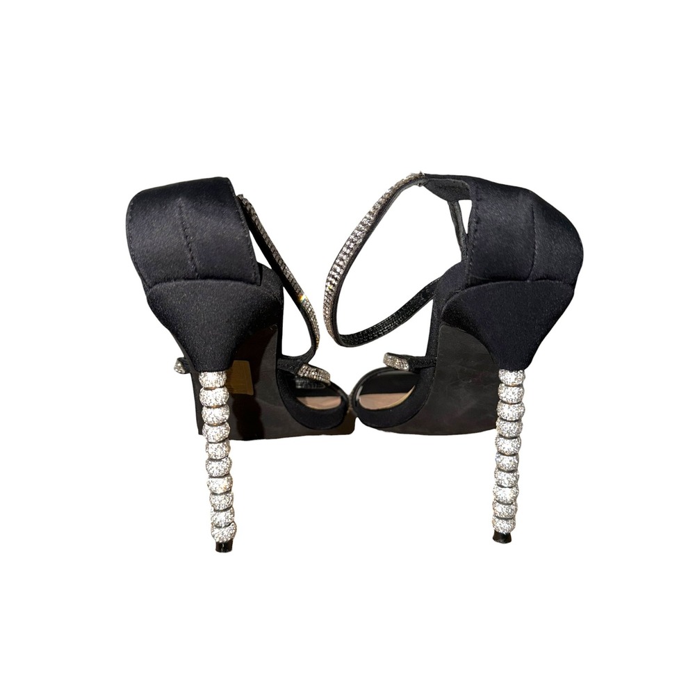 Azalea Wang Black Rhinestone Strappy Stiletto Heels Square Toe Sandals 10 - Picture 4 of 12